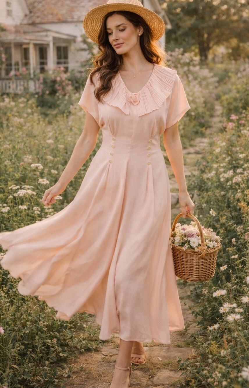 Vintage Nina Piccalino Pink Ruffle Collar Dress USA Romantic Prairie Size 10 EUC